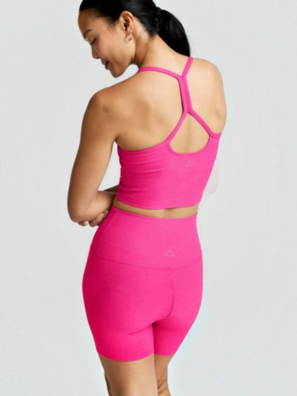 Beyond Yoga set racer tank & high rise biker 5" shorts in yellow in pink glow S